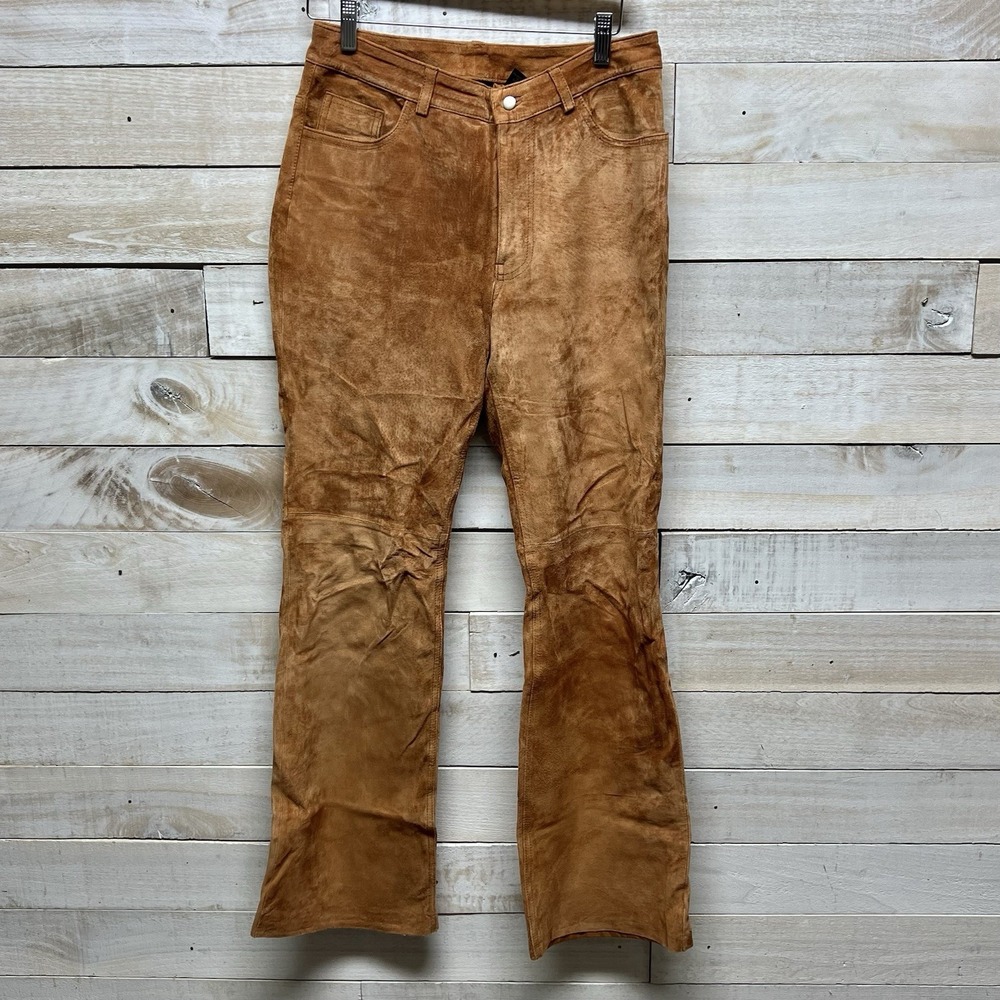 Vintage Express World Suede Leather‎ Pants Women 5/6 Tan Bootcut Raw Hem Western